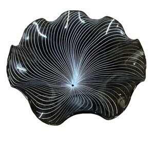 Lausitzer Kristall 7" 60s Optic Spiral Art Ruffled Tricket Candy Dish Bowl Black